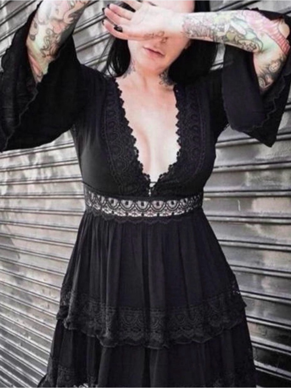 Black Lace-Trim Deep V dress